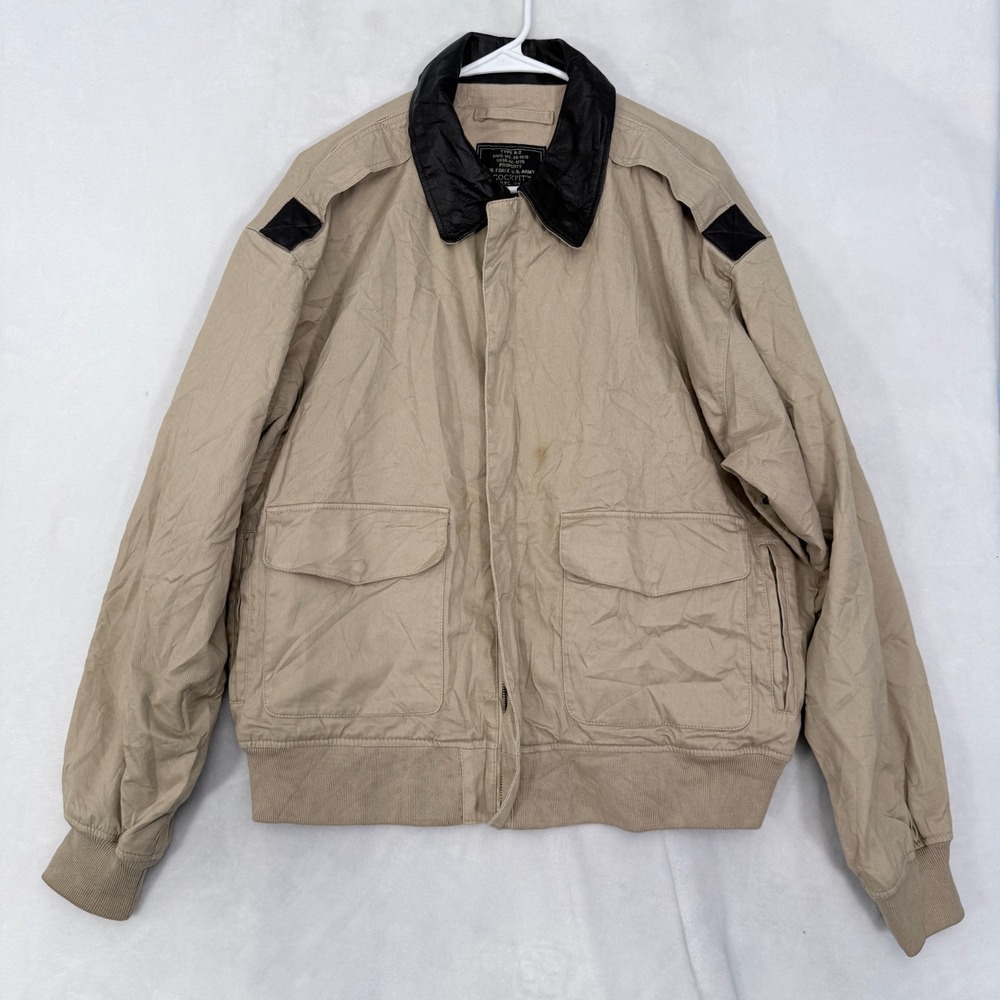 Air Force Type A2 Jacket Mens L Beige Full Zip Flight Leather Collar